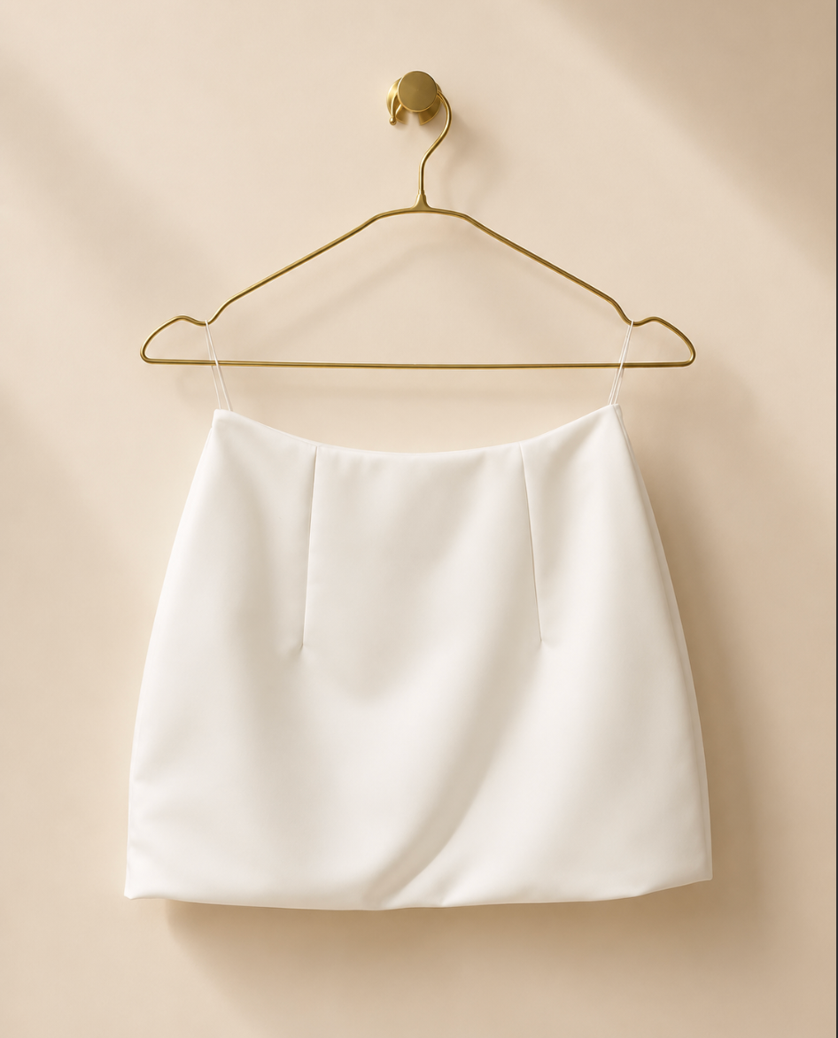 White Mini skirt on a gold hanger against a beige background
